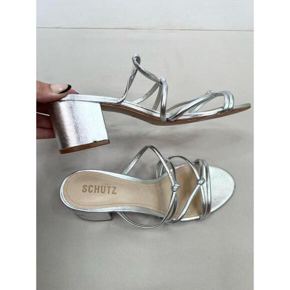 Schutz Silver Strappy Design Block Heel Open Toe Sandal Leather Womens Size 8.5B - Picture 5 of 13